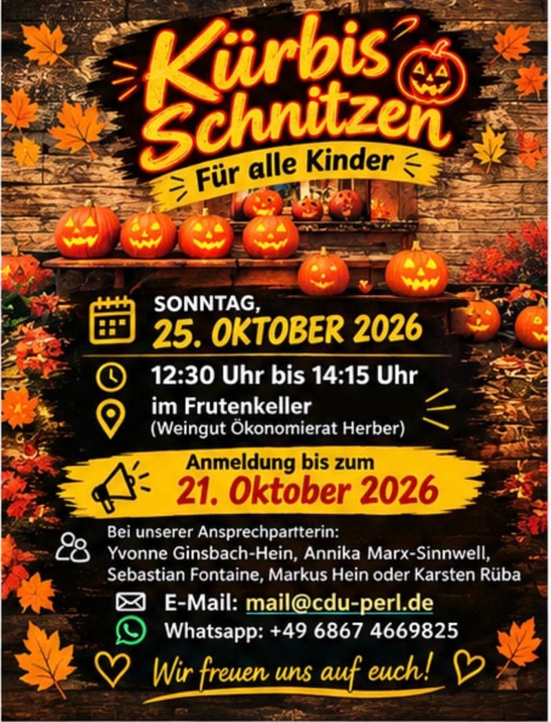 Plakat: Kürbis Schnitzen für alle Kinder, Sonntag, 25. Oktober 2026, Frutenkeller in Perl