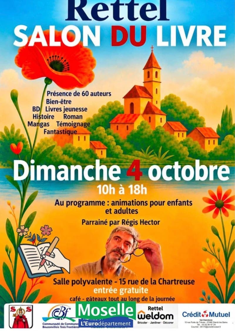 Poster: Rettel Book Fair, Sunday 4 October, 10 am to 6 pm, patron Régis Hector