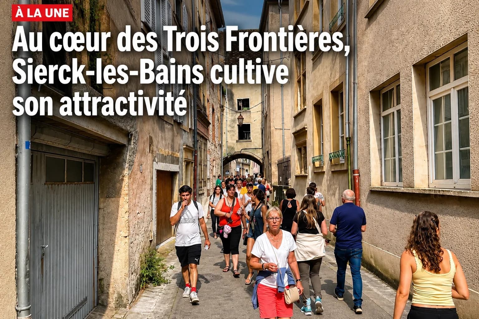 Visuel « Au cœur des Trois Frontières, Sierck-les-Bains cultive son attractivité » : des promeneurs dans une ruelle étroite entre de vieilles façades.