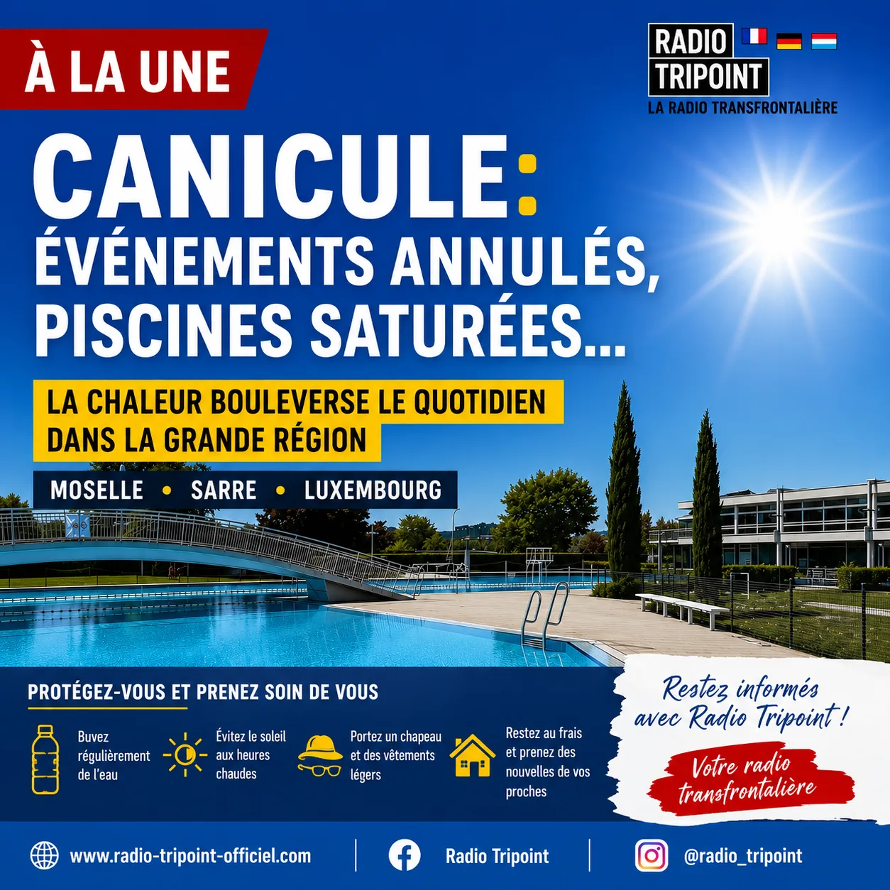 Visuel « Canicule : événements annulés, piscines saturées » : une piscine extérieure sous un soleil éclatant.