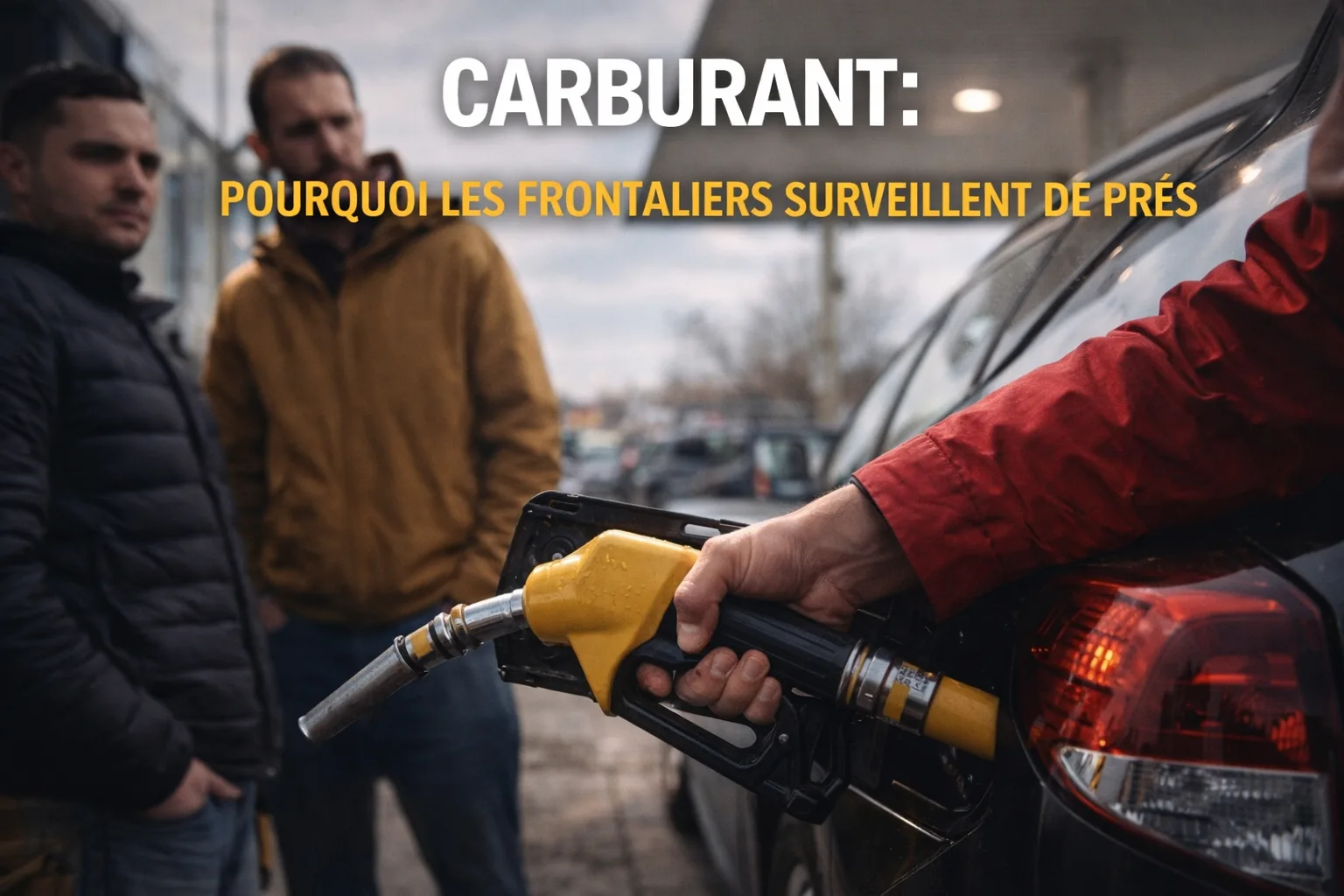 Visuel « Carburant : pourquoi les frontaliers surveillent de près » : une main tient un pistolet à carburant, deux hommes en arrière-plan.