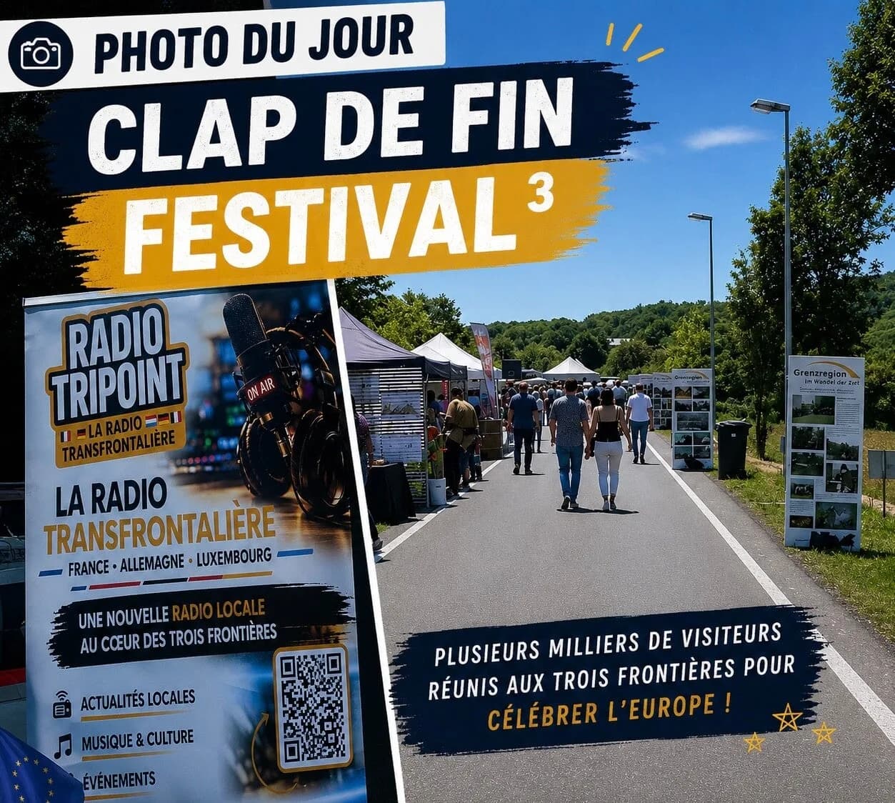 Visuel « Photo du jour : clap de fin, Festival 3 » : une allée bordée de stands et de panneaux, avec des visiteurs.