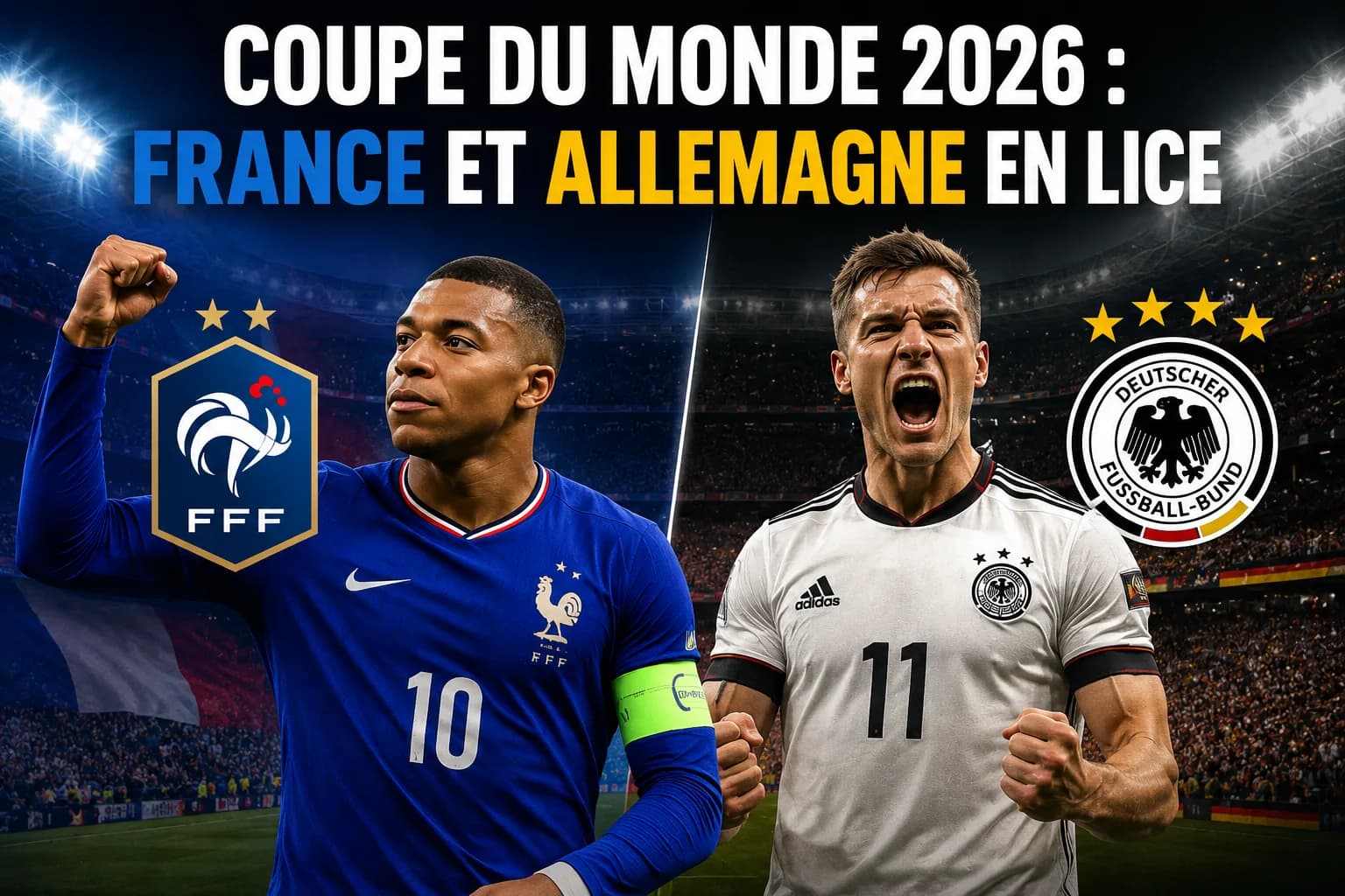 Visuel « Coupe du monde 2026 : France et Allemagne en lice » : deux footballeurs, en maillot bleu et en maillot blanc, dans un stade.