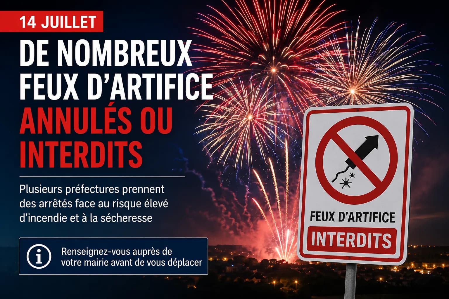 Visuel « 14 juillet : de nombreux feux d'artifice annulés ou interdits » : un feu d'artifice nocturne et un panneau « Feux d'artifice interdits ».