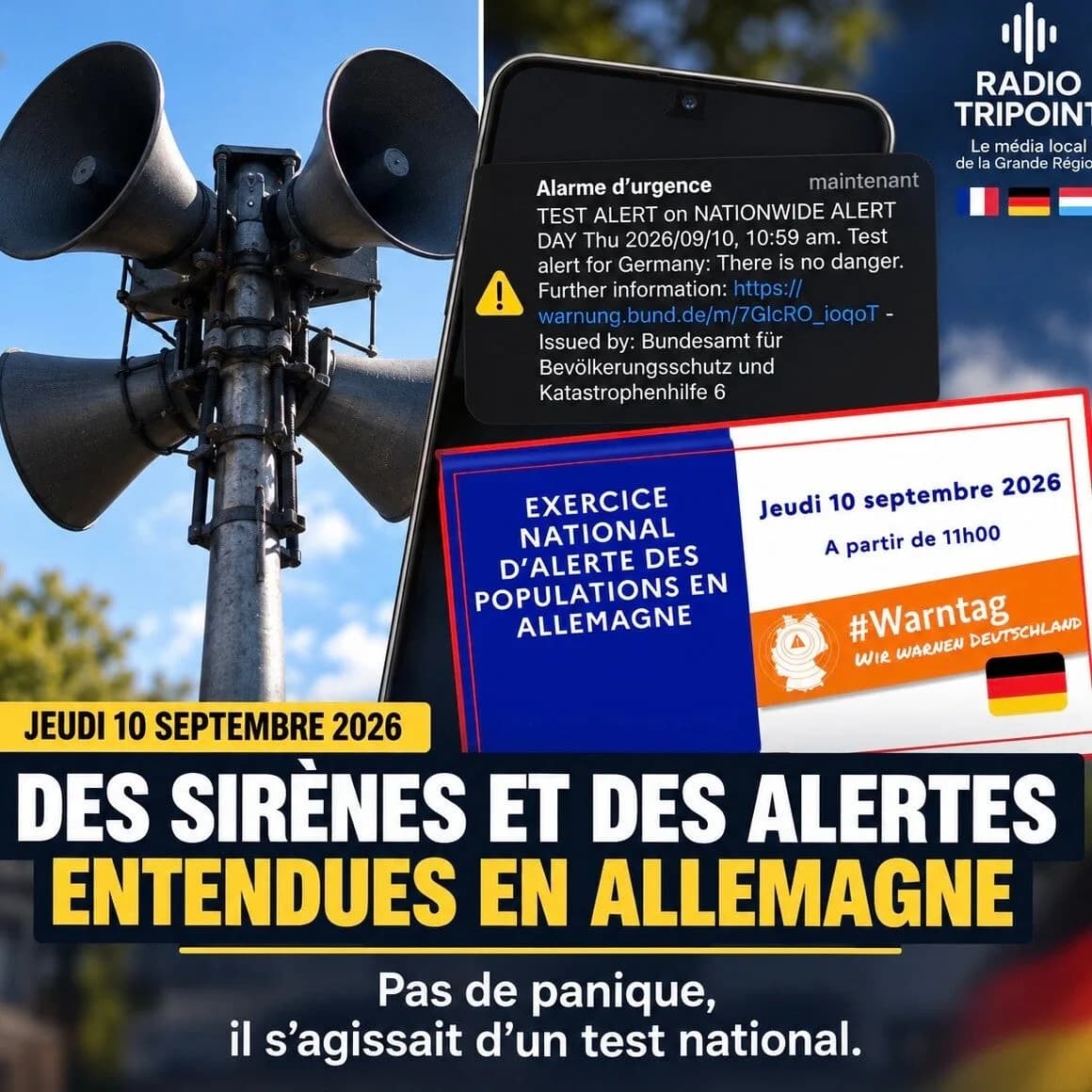 Visuel « Des sirènes et des alertes entendues en Allemagne » : des haut-parleurs d'alerte sur un mât et un message d'alerte test sur un téléphone.