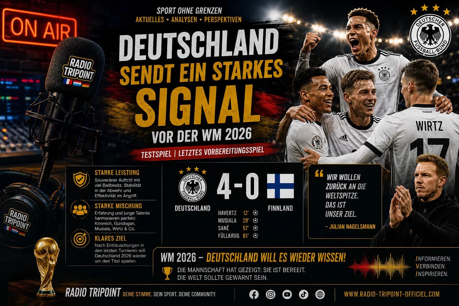 Visuel en allemand « Deutschland sendet ein starkes Signal » : des footballeurs en maillot blanc célèbrent, avec le score Allemagne 4, Finlande 0.