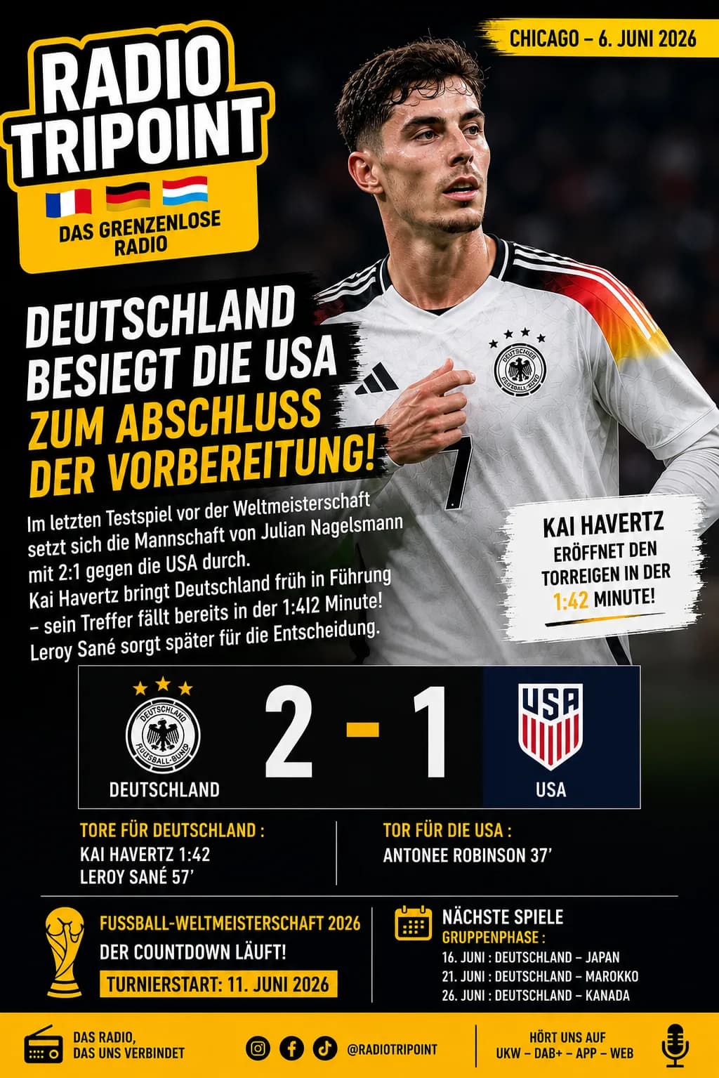 Visuel en allemand « Deutschland besiegt die USA » : un footballeur en maillot blanc, avec le score Allemagne 2, États-Unis 1.