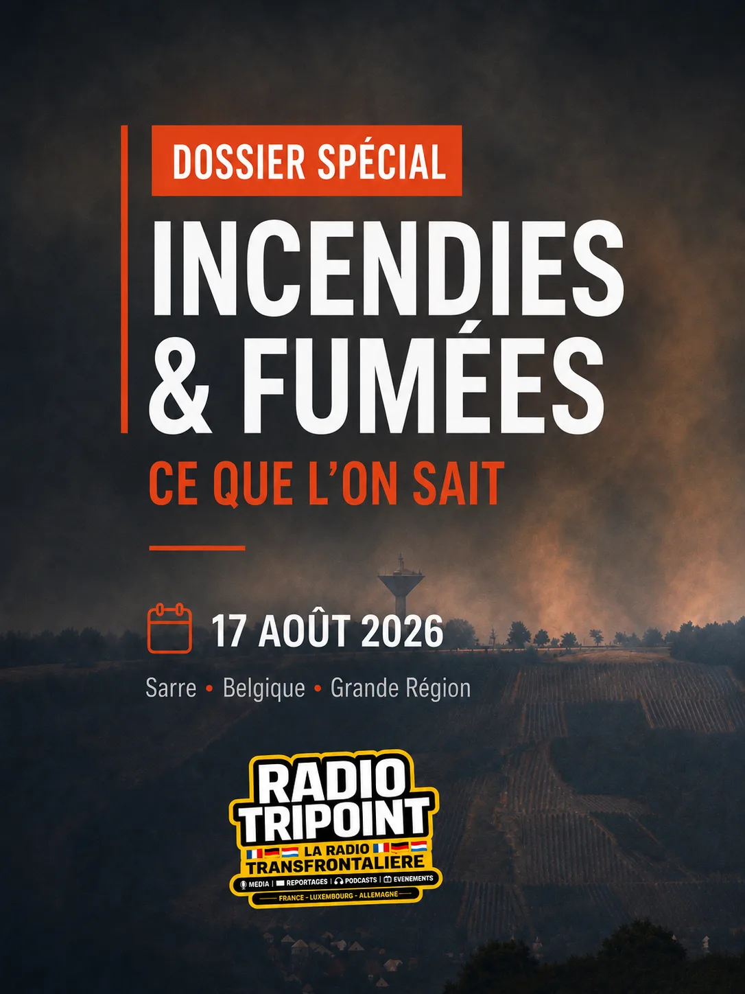 Visuel « Dossier spécial : incendies et fumées, ce que l'on sait » sur fond de fumée au-dessus d'un paysage.