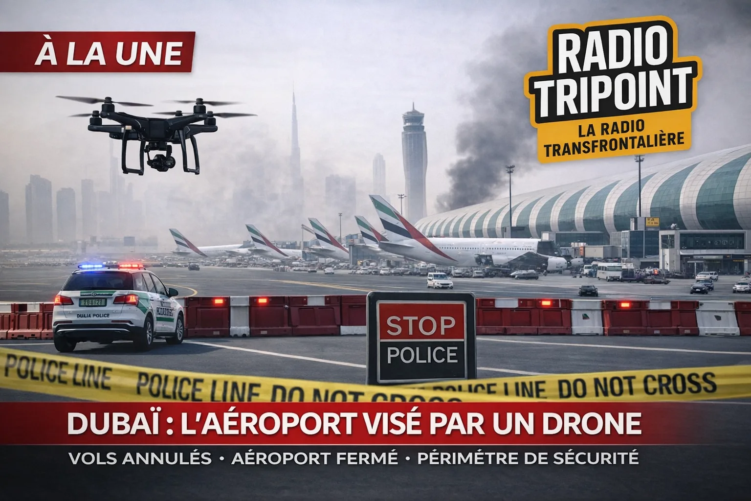 Visuel « Dubaï : l'aéroport visé par un drone » : un drone au-dessus d'un aéroport, avec de la fumée, des avions et un barrage de police.