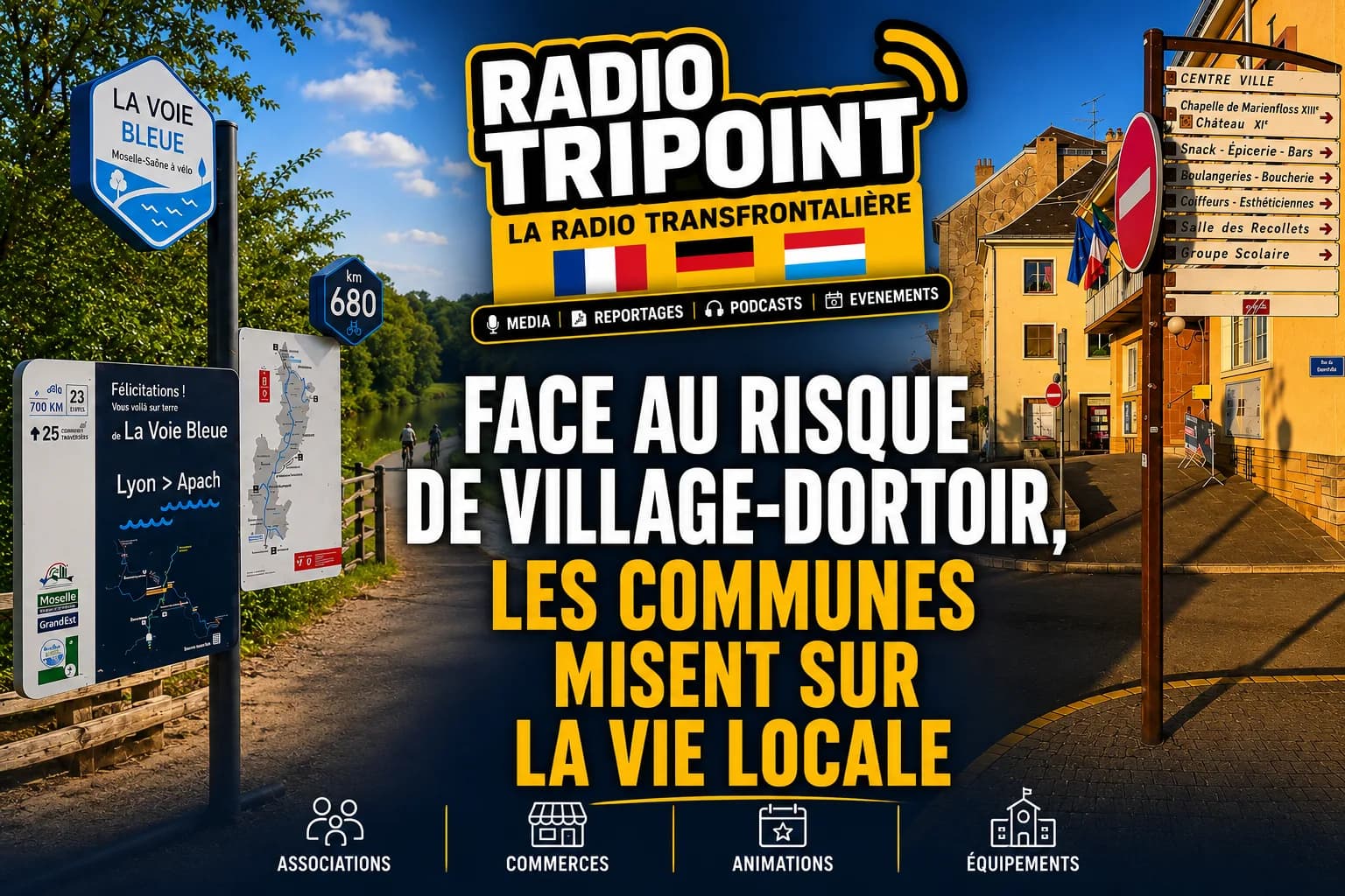 Visuel « Face au risque de village-dortoir, les communes misent sur la vie locale » : une rue de village avec des panneaux de direction et de randonnée.