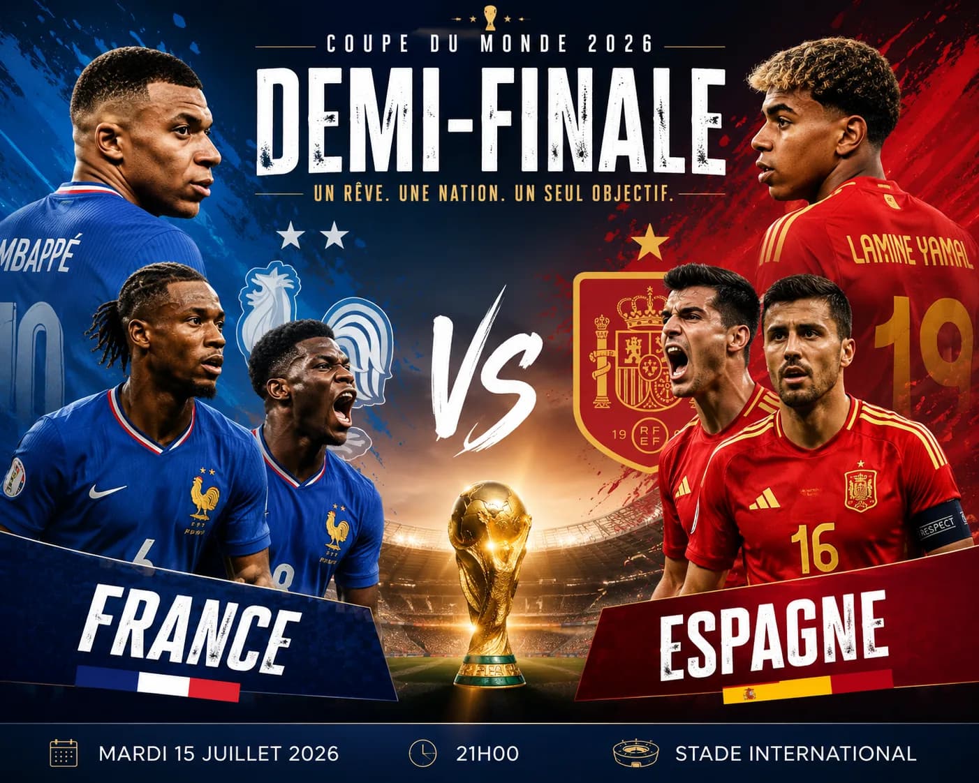 Visuel « Demi-finale : France contre Espagne » : des joueurs en maillot bleu et en maillot rouge de part et d'autre du trophée.