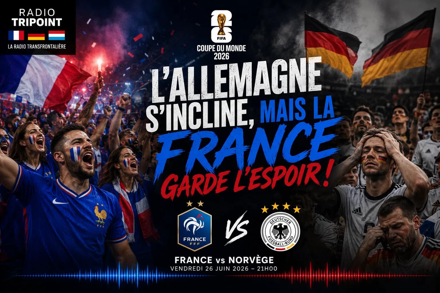 Visuel « L'Allemagne s'incline, mais la France garde l'espoir » : des supporters français enthousiastes et des supporters allemands abattus.
