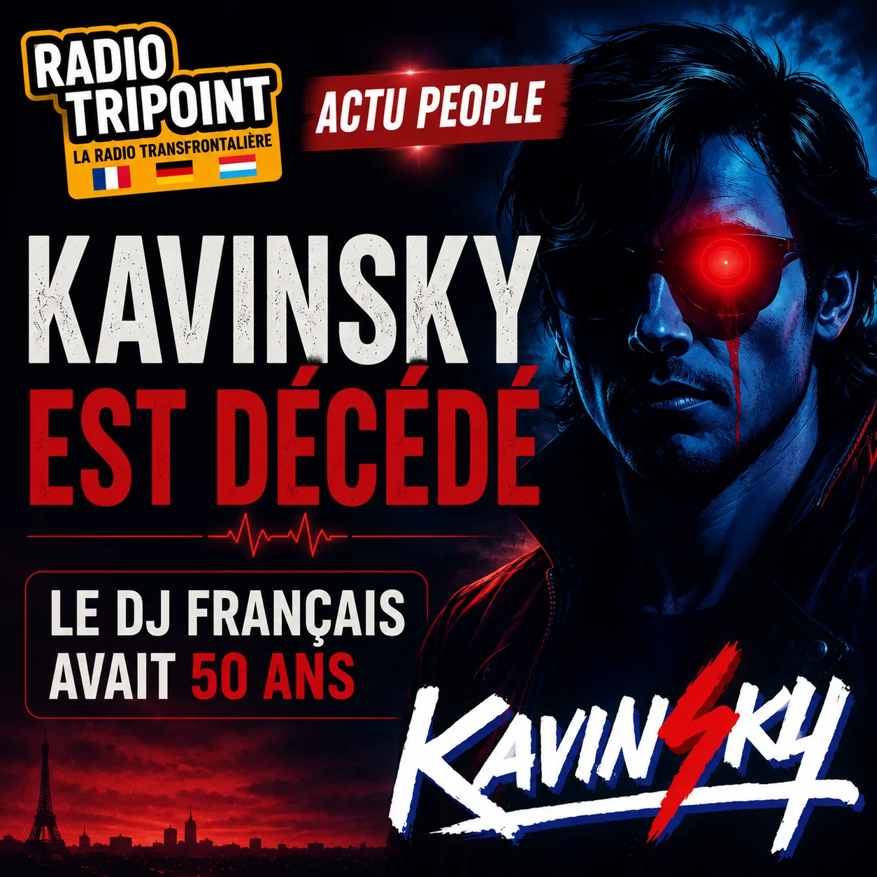 Visuel « Kavinsky est décédé » : portrait stylisé d'un homme à l'œil rouge lumineux, avec le logo Kavinsky.