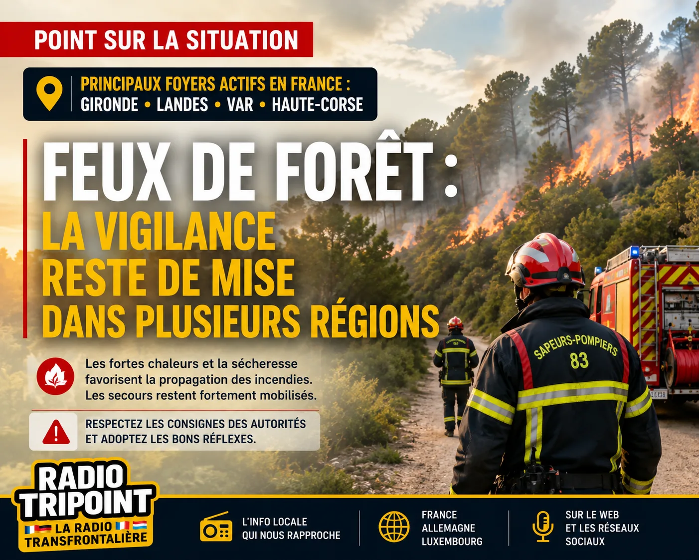 Visuel « Feux de forêt : la vigilance reste de mise » : des sapeurs-pompiers devant une forêt en feu et un camion.