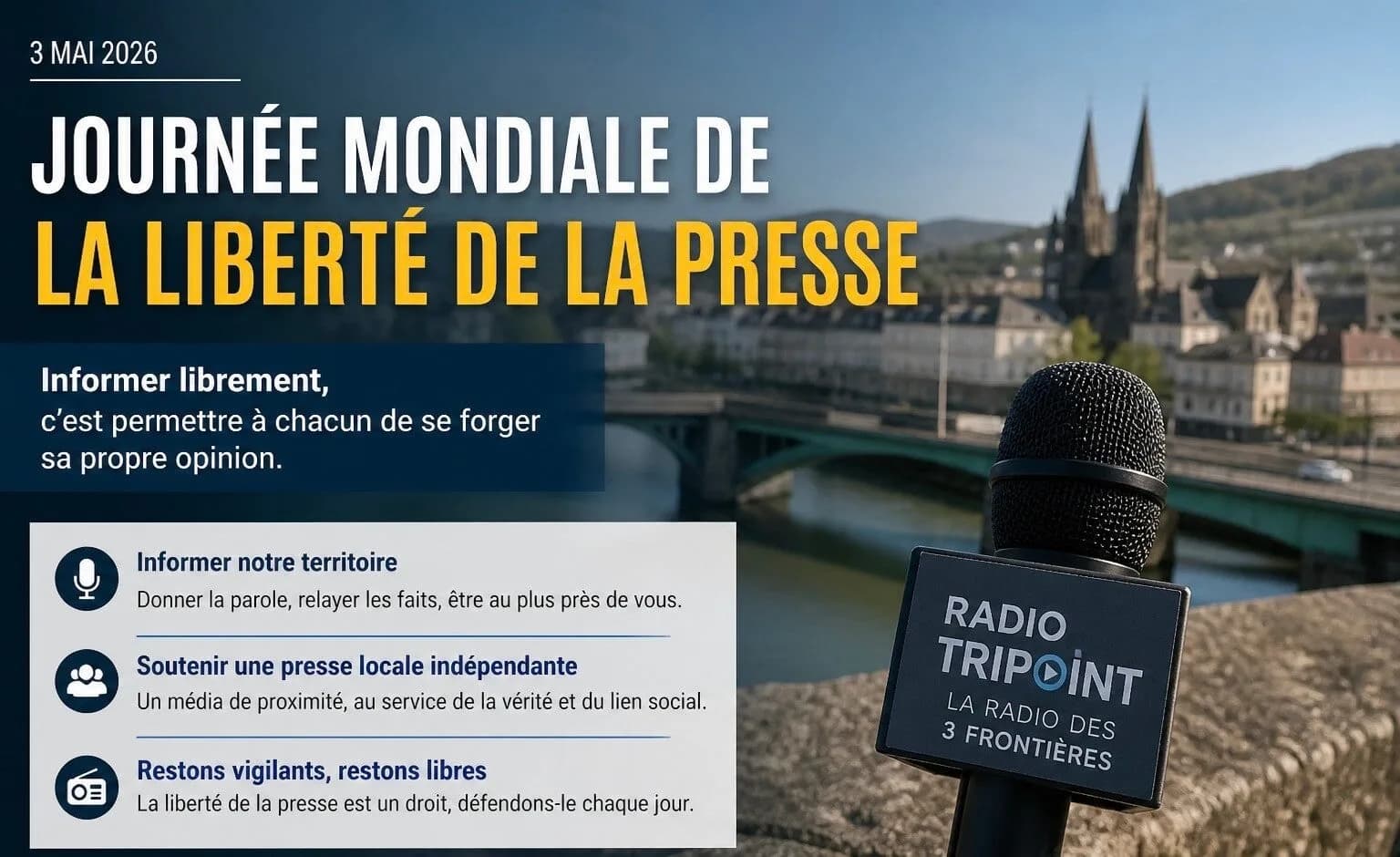 Visuel « Journée mondiale de la liberté de la presse, 3 mai 2026 » : un micro Radio Tripoint devant une ville au bord d'un fleuve.