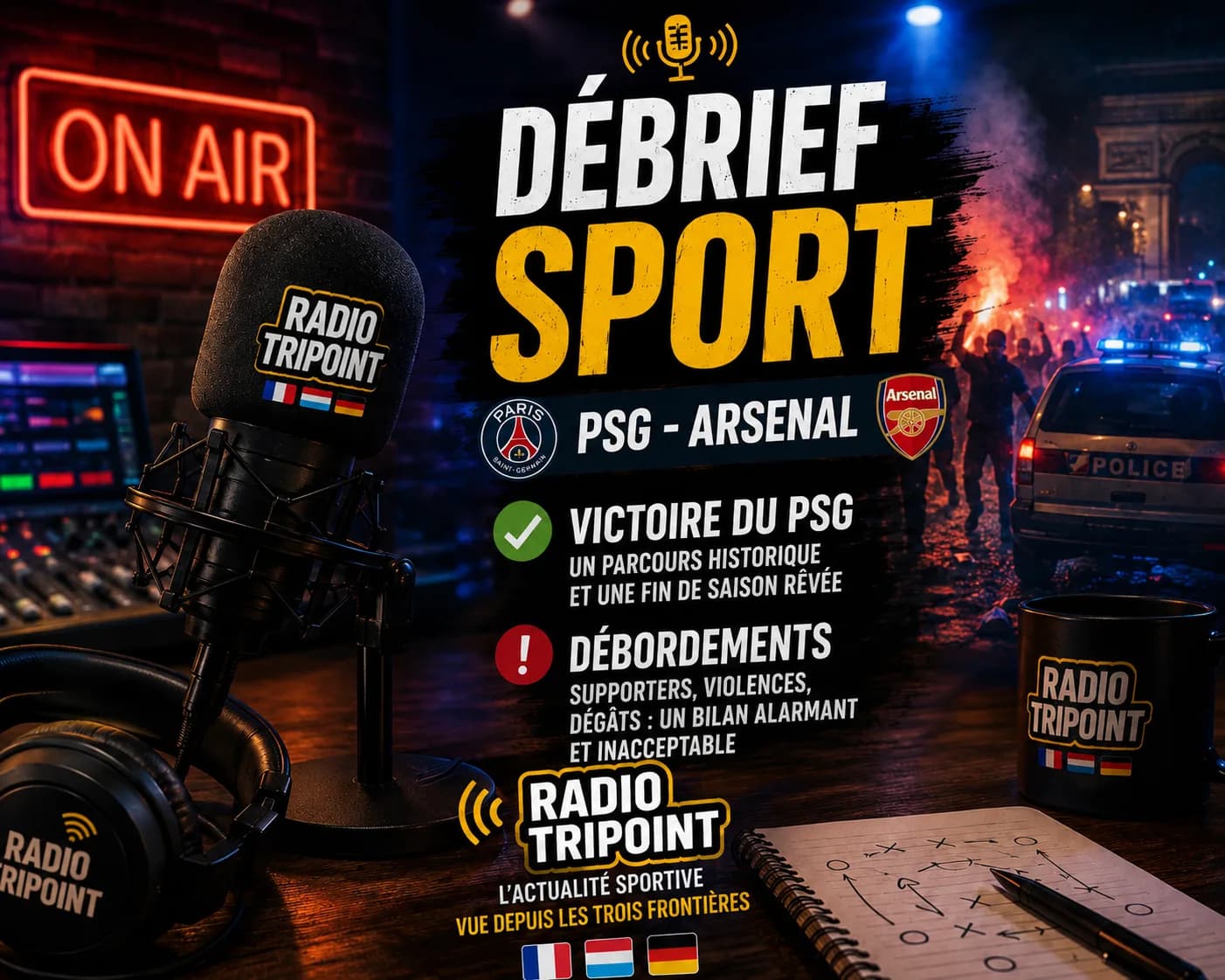Visuel « Débrief sport : PSG-Arsenal » : un micro de studio radio devant une rue de nuit éclairée par des gyrophares.