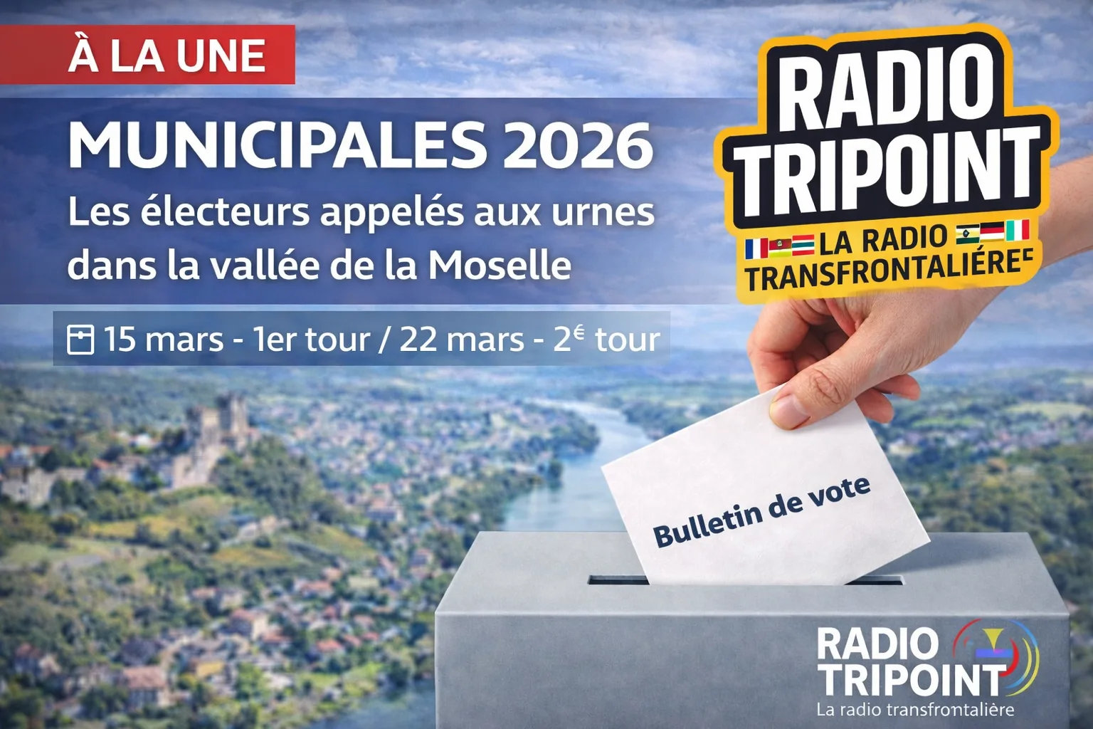 Visuel « Municipales 2026 : les électeurs appelés aux urnes dans la vallée de la Moselle » : une main glisse un bulletin dans une urne.