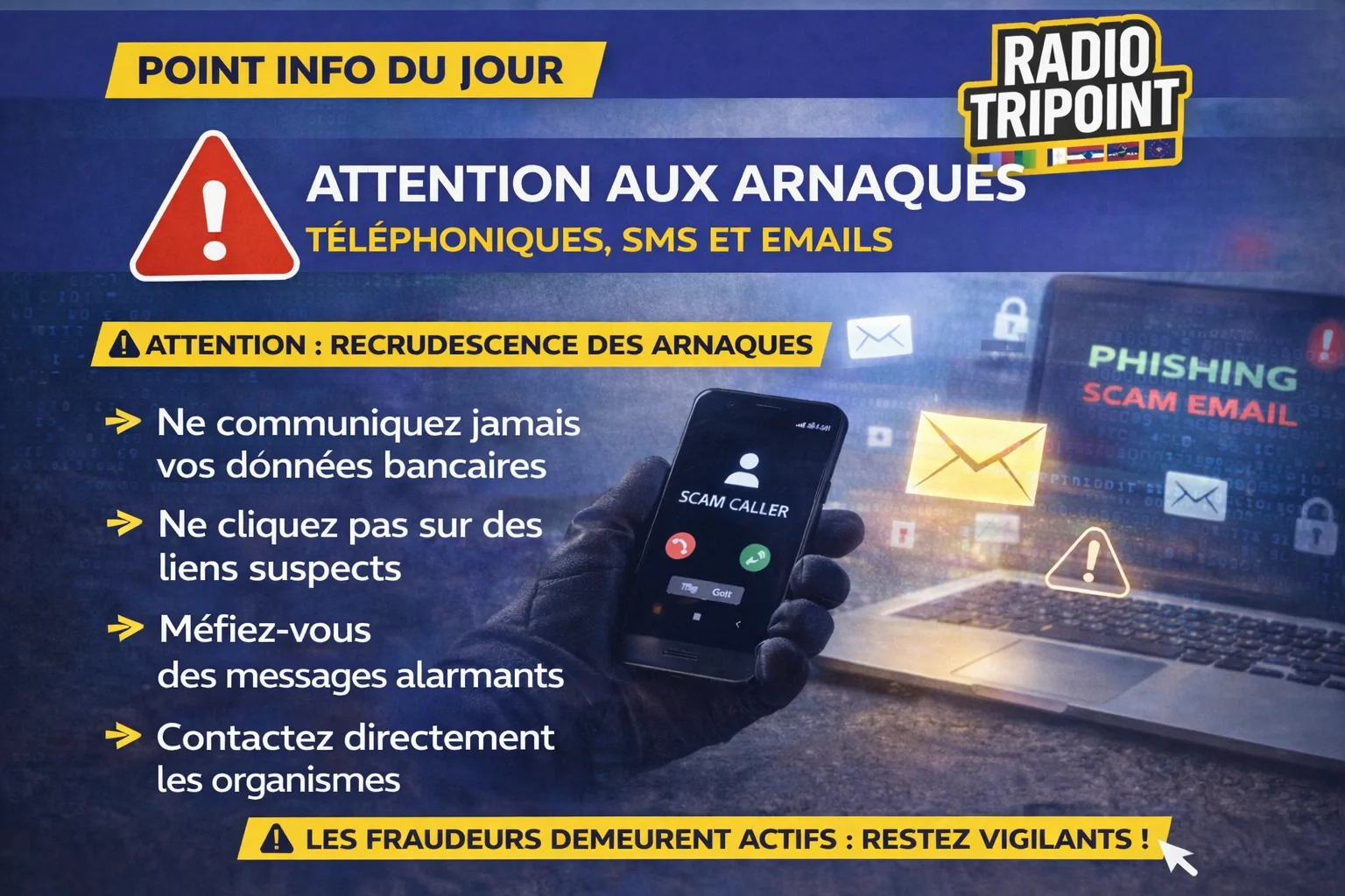 Visuel « Attention aux arnaques téléphoniques, SMS et e-mails » : une main tient un téléphone affichant un appel frauduleux.