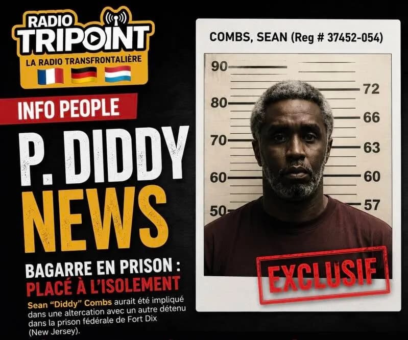 Visuel « P. Diddy news : bagarre en prison, placé à l'isolement » : une photo d'identité judiciaire d'un homme devant une toise.