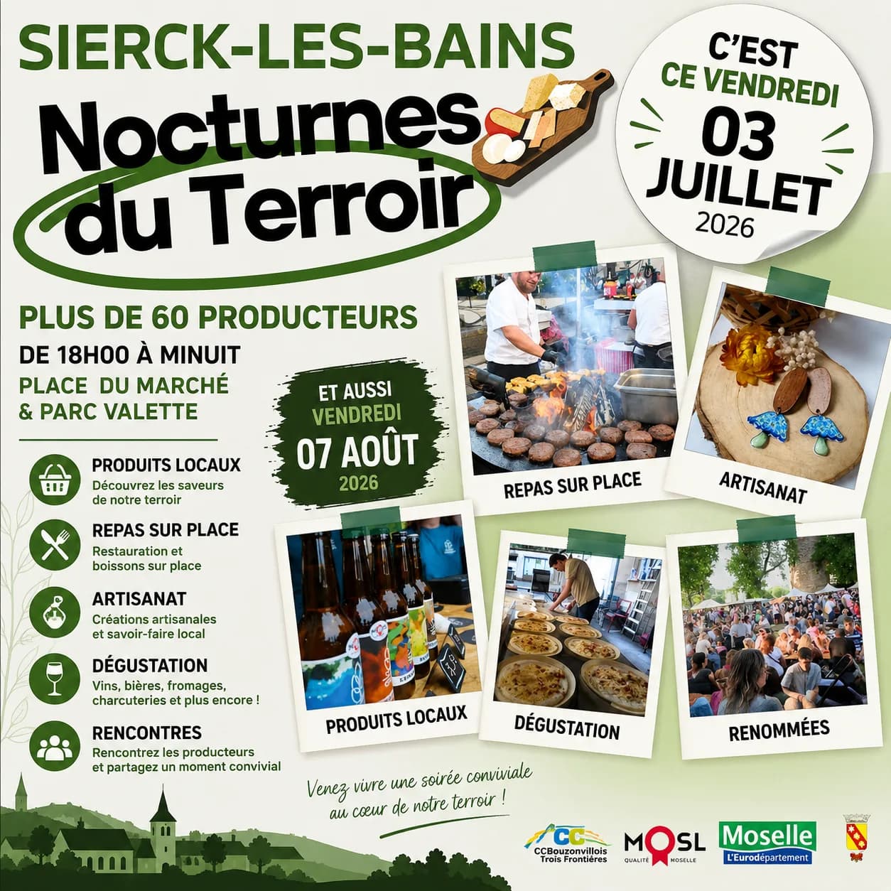 Affiche « Nocturnes du terroir, Sierck-les-Bains, vendredi 3 juillet 2026 » avec des photos de grillades, de dégustation et de stands.