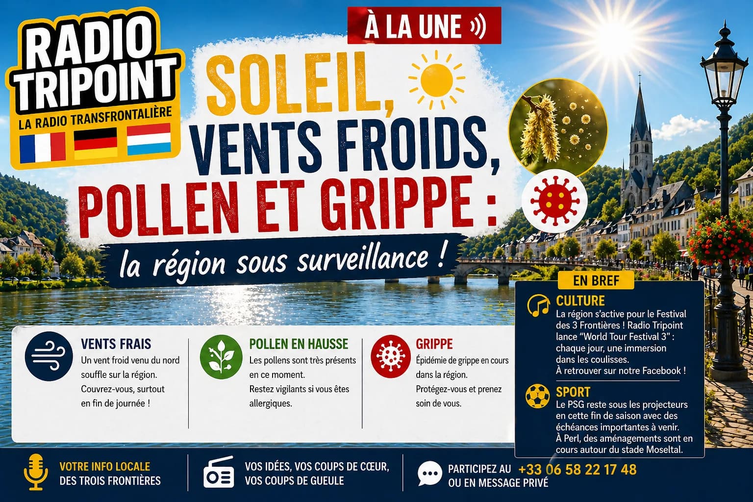 Visuel « Soleil, vents froids, pollen et grippe : la région sous surveillance » : une rivière bordée de maisons et une église.