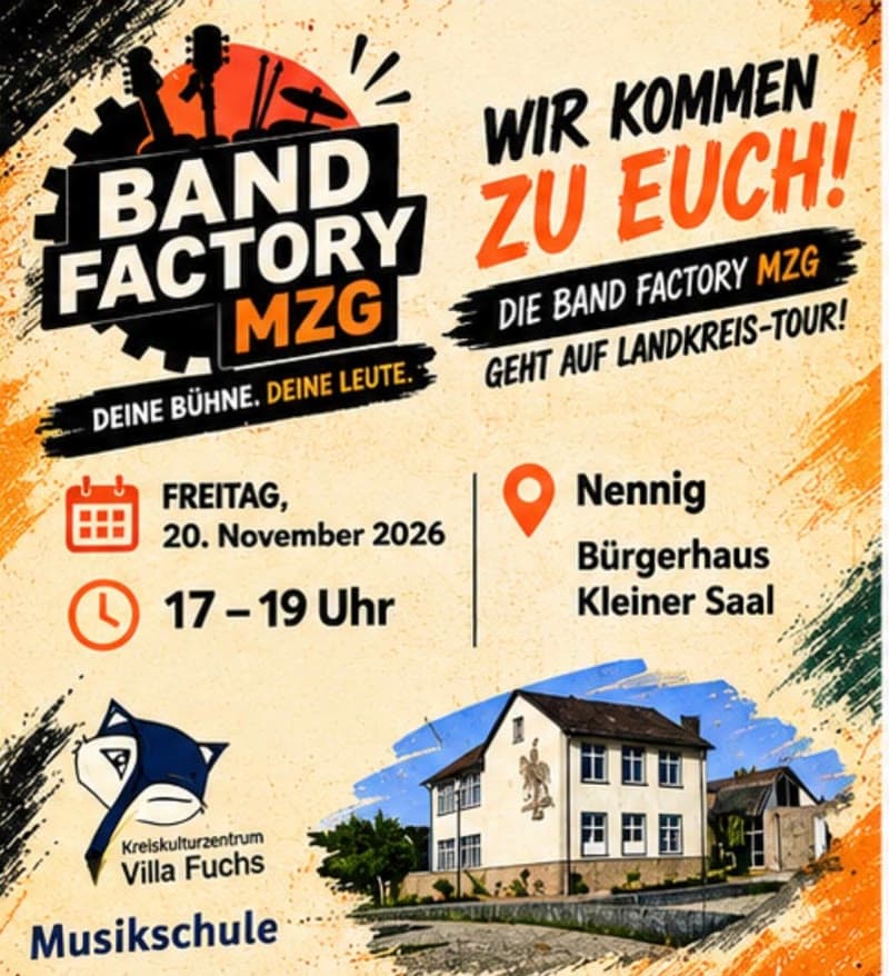 Plakat: Band Factory MZG, Freitag, 20. November 2026, 17 bis 19 Uhr, Bürgerhaus Nennig
