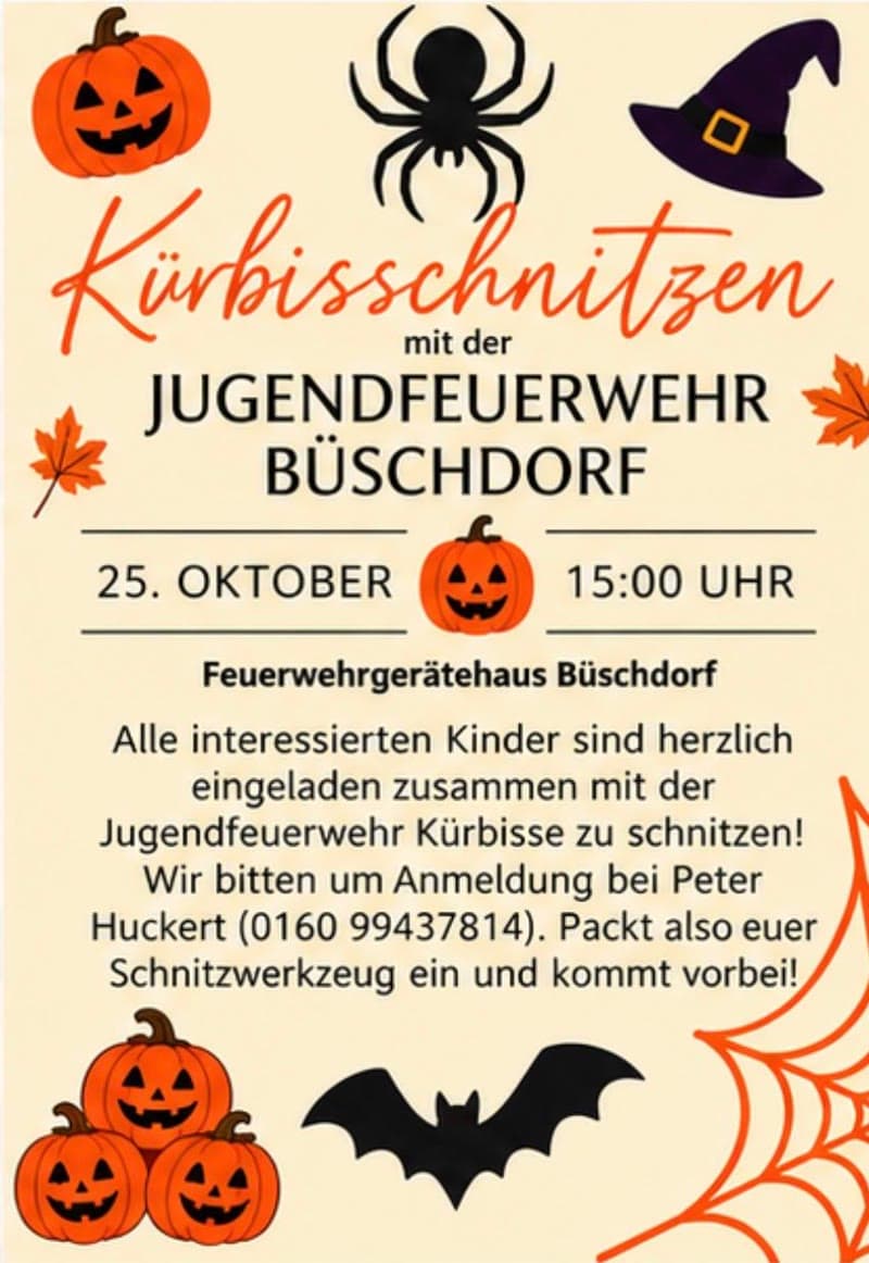 Affiche : Kürbisschnitzen avec la Jugendfeuerwehr Büschdorf, 25 octobre à 15 h