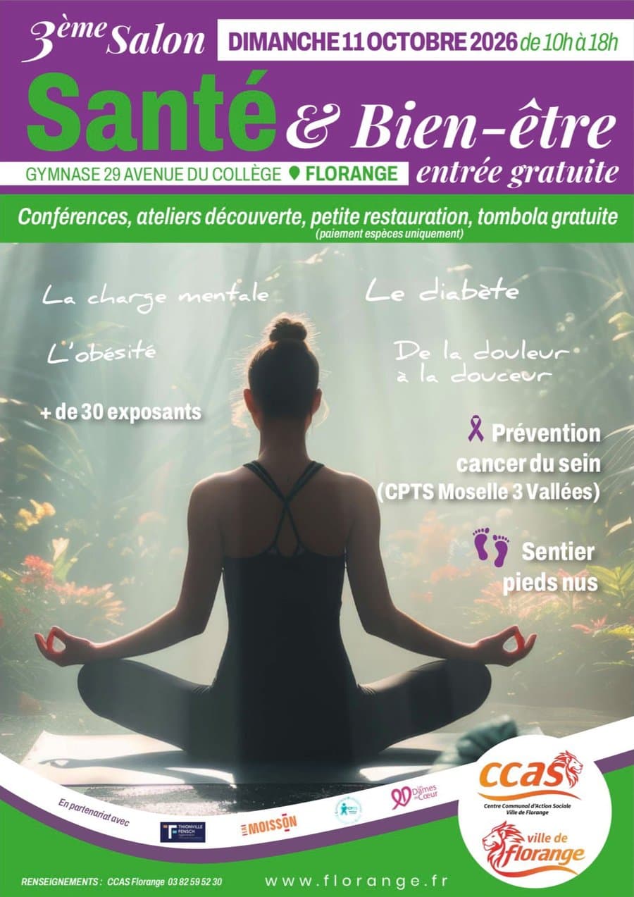 Affiche : 3e Salon Santé & Bien-être, dimanche 11 octobre 2026 de 10 h à 18 h, gymnase, 29 avenue du Collège à Florange, entrée gratuite