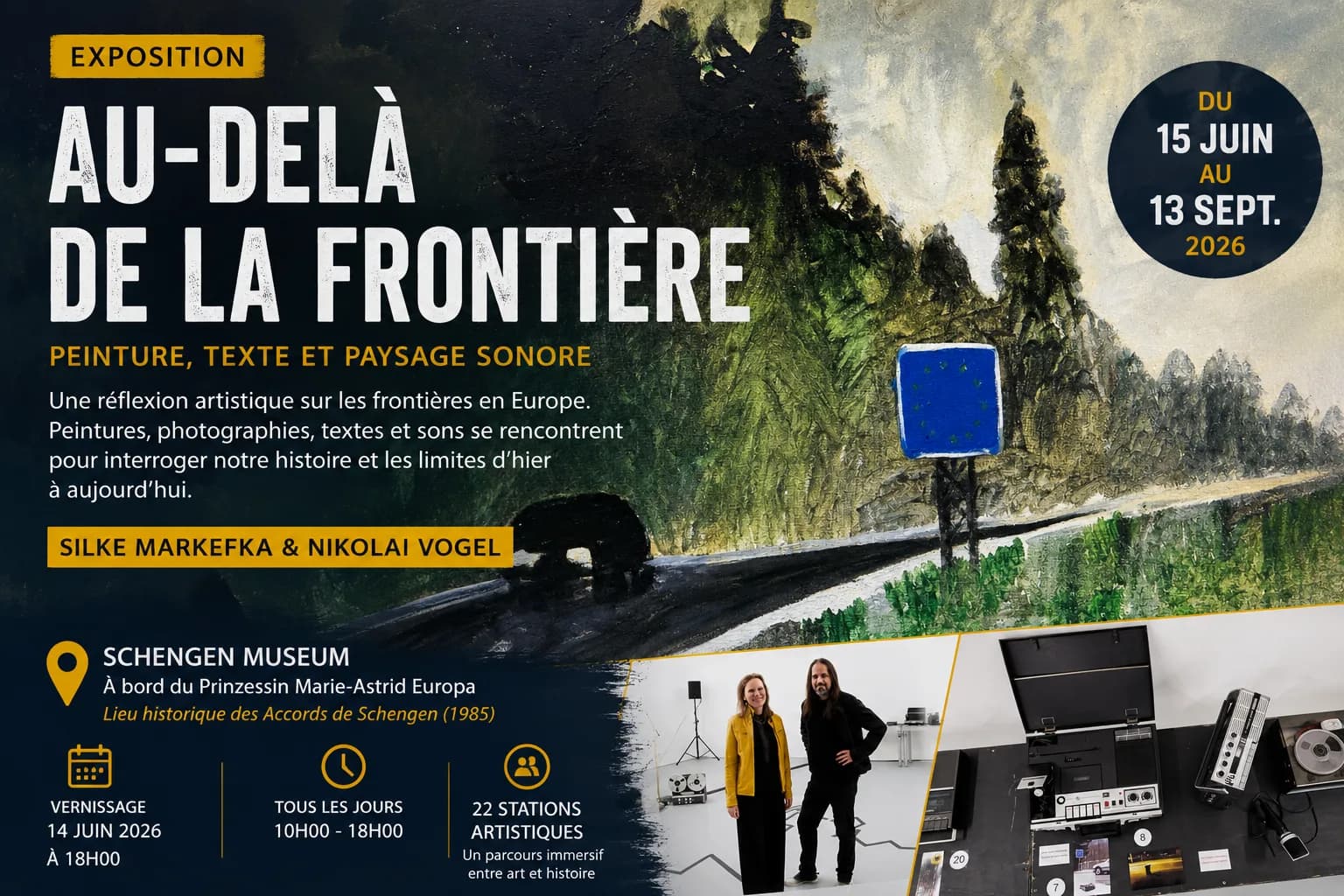 Visuel « Exposition Au-delà de la frontière, du 15 juin au 13 septembre 2026 » : une peinture de paysage avec un panneau bleu, et deux personnes dans un studio.