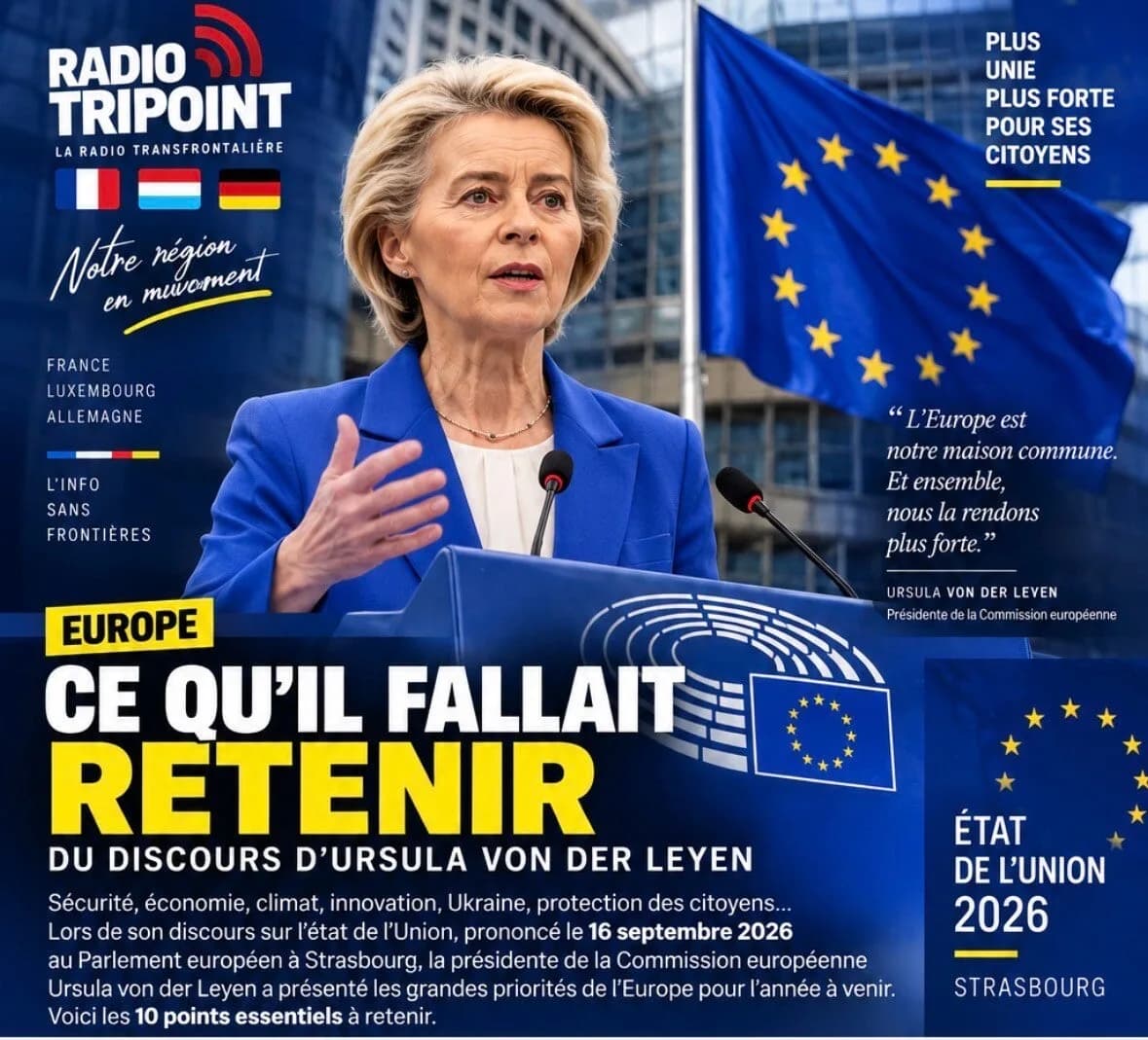 Visuel « Ce qu'il fallait retenir du discours d'Ursula von der Leyen » : une femme en veste bleue parle à un pupitre devant des drapeaux européens.