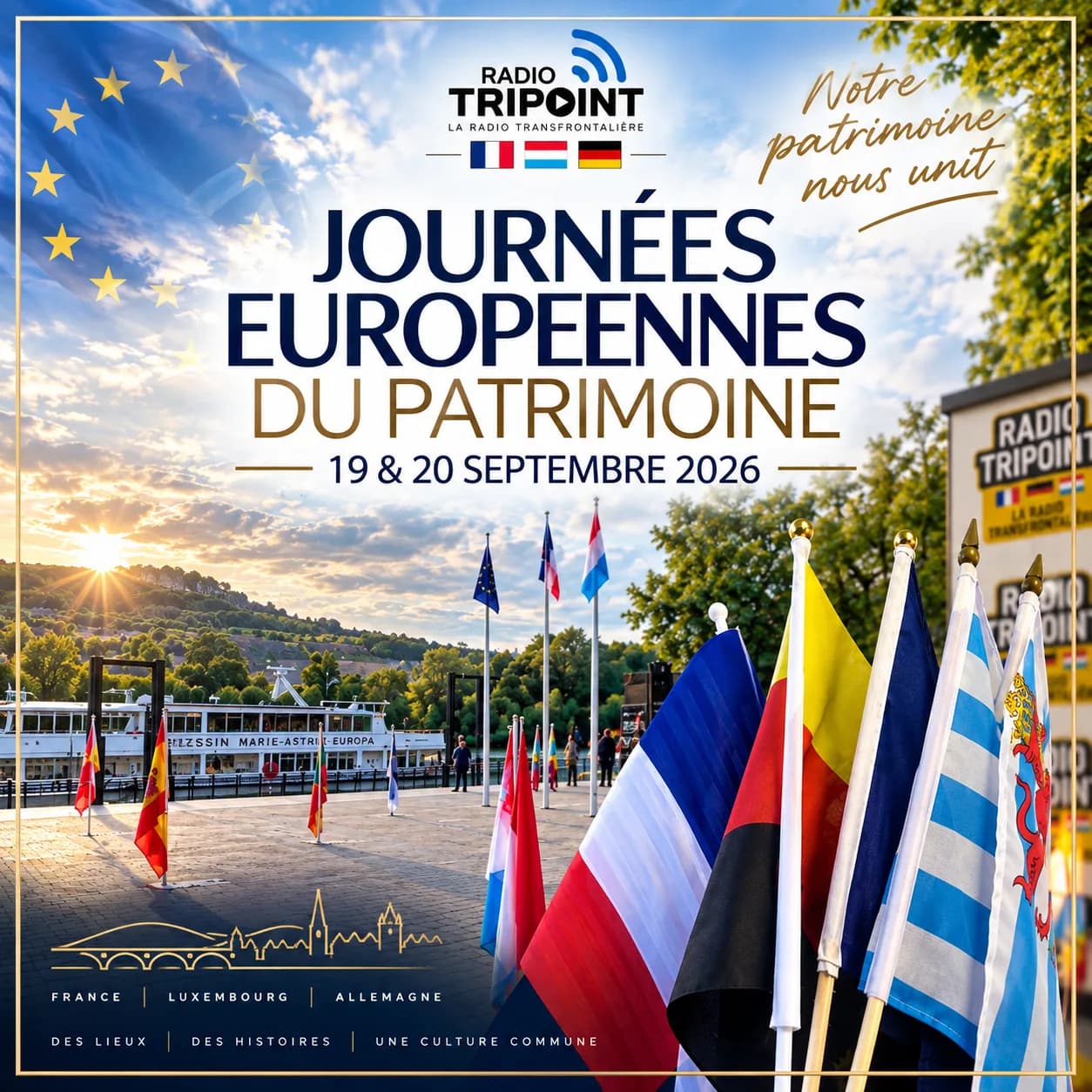 Visuel « Journées européennes du patrimoine, 19 et 20 septembre 2026 » : des drapeaux français, luxembourgeois et allemands sur un quai au bord d'une rivière.