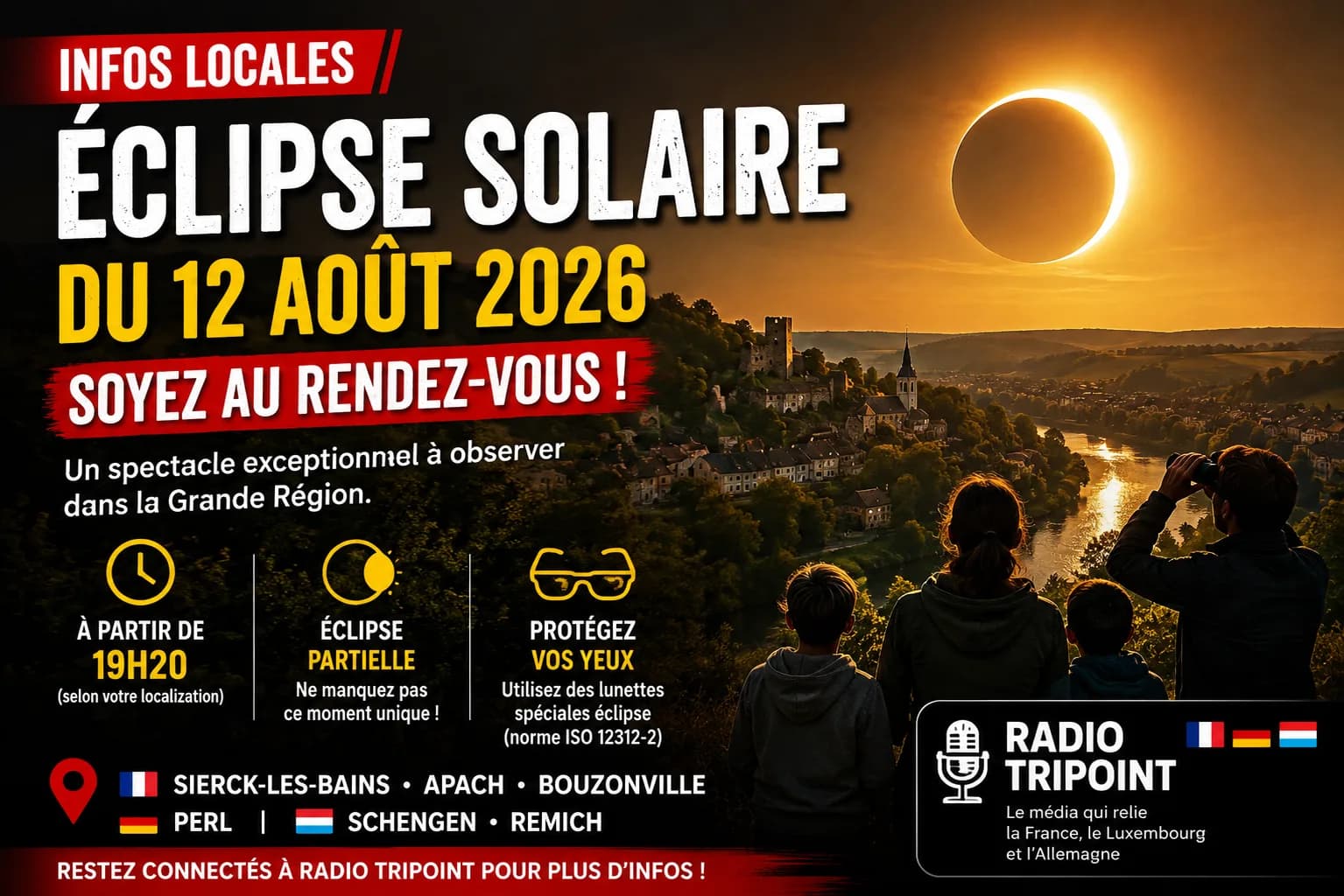 Visuel « Éclipse solaire du 12 août 2026 » : des silhouettes regardent une éclipse au-dessus d'une vallée et d'un village.