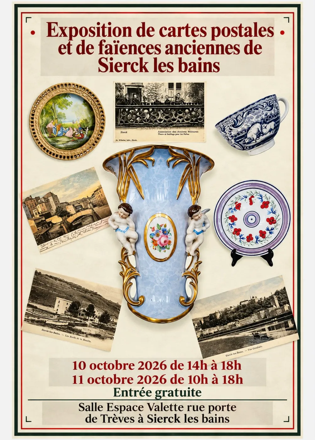 Plakat vun der Ausstellung vun ale Postkaarten a Fayencen aus Sierck-les-Bains: eng Vas mat Engelcher, Telleren, eng Taass an al Postkaarte vun der Stad. 10. Oktober 2026 vu 14 bis 18 Auer, 11. Oktober vun 10 bis 18 Auer, gratis Entrée, Salle Espace Valette.