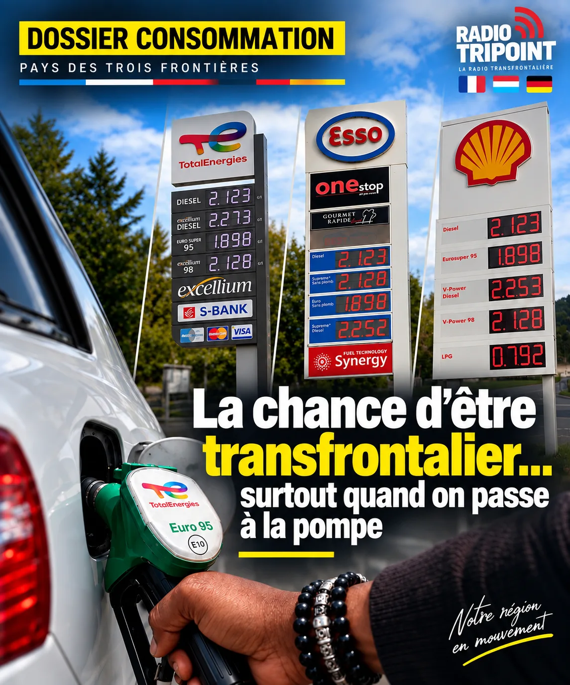 Visuel « La chance d'être transfrontalier… surtout quand on passe à la pompe » : une main tient un pistolet à carburant devant des panneaux de prix de stations-service.